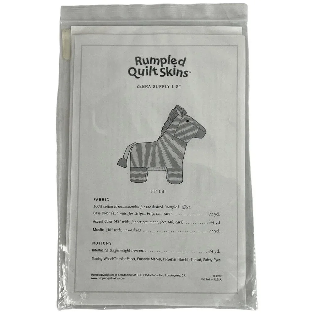 Rumples Quilt Skins Zebra Sewing Pattern 2005 Stuffed Animal 11 Inch Toy Stuffie